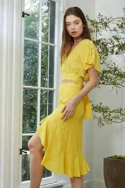 Women's Tie Waist Cape Sleeve Cropped Blouse in Yellow | Femstylo - Femstylo