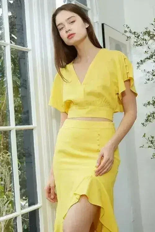 Women's Tie Waist Cape Sleeve Cropped Blouse in Yellow | Femstylo - Femstylo