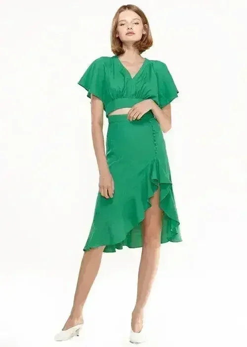 Women's Asymmetrical Hem Button Front Skirt in Kelly Green - Femstylo