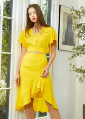 Women's Asymmetrical Hem Button Front Skirt in Yellow - Femstylo