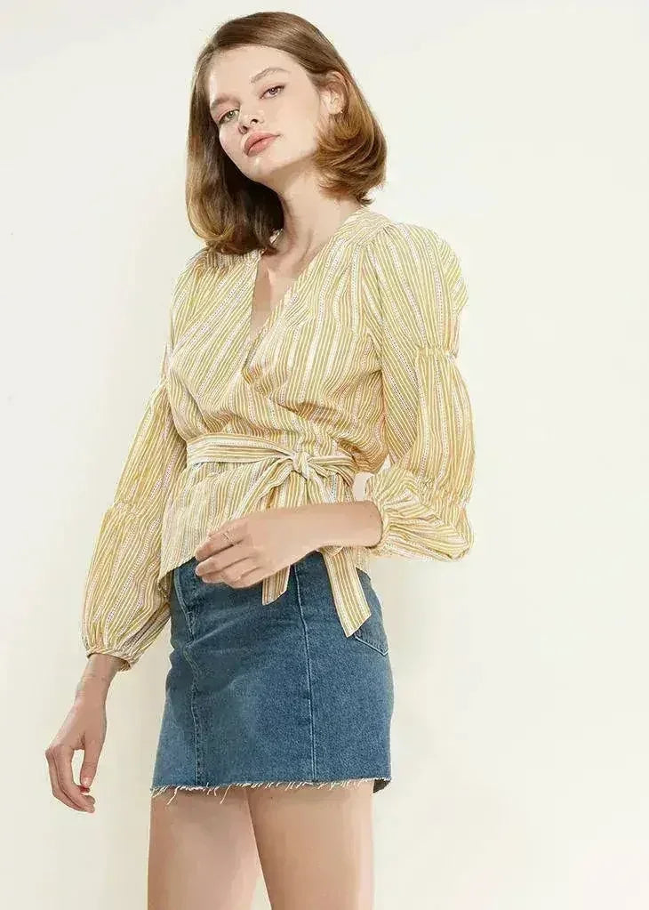Smocked Sleeve Stripe Wrap V-Neck Blouse in Yellow | Femstylo - Femstylo