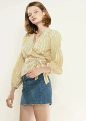Smocked Sleeve Stripe Wrap V-Neck Blouse in Yellow | Femstylo - Femstylo