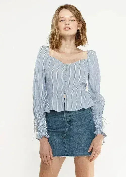 Smocked Cuff Button Front Peplum Blouse in Blue | Femstylo - Femstylo