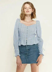 Smocked Cuff Button Front Peplum Blouse in Blue | Femstylo - Femstylo