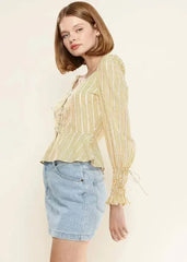 Smocked Cuff Button Front Peplum Blouse in Yellow | Femstylo - Femstylo