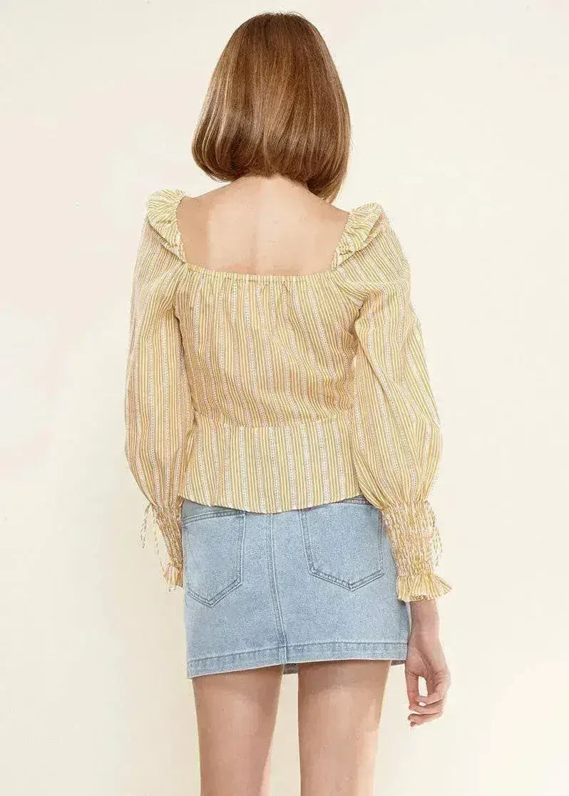 Smocked Cuff Button Front Peplum Blouse in Yellow | Femstylo - Femstylo