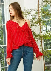 Women's Asymmetrical Shoulder Ruffle Blouse in Red | Femstylo - Femstylo