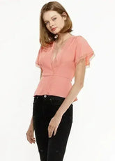 Women's Lace Trim Cape Sleeve Wrap Blouse in Coral | Femstylo - Femstylo