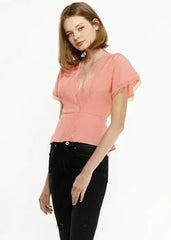 Women's Lace Trim Cape Sleeve Wrap Blouse in Coral | Femstylo - Femstylo