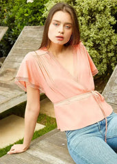 Women's Lace Trim Cape Sleeve Wrap Blouse in Coral | Femstylo - Femstylo