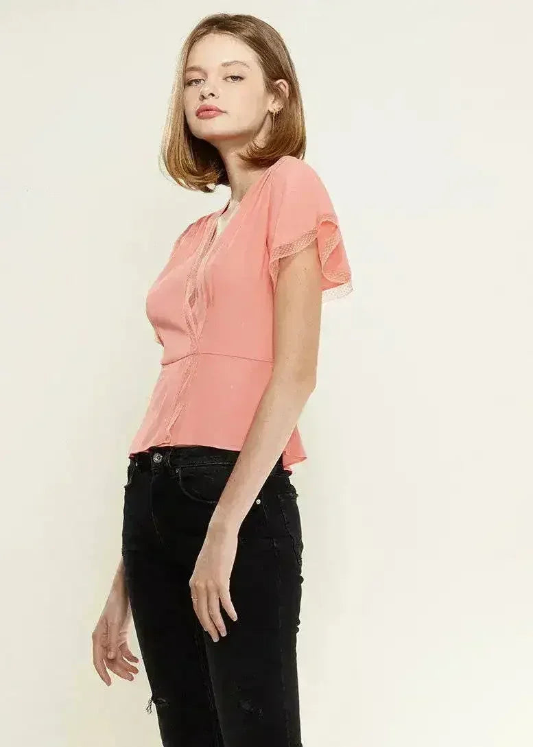 Women's Lace Trim Cape Sleeve Wrap Blouse in Coral | Femstylo - Femstylo