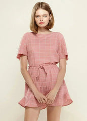 Women's Grid Print Crew Neck Blouse in Pink | Femstylo - Femstylo