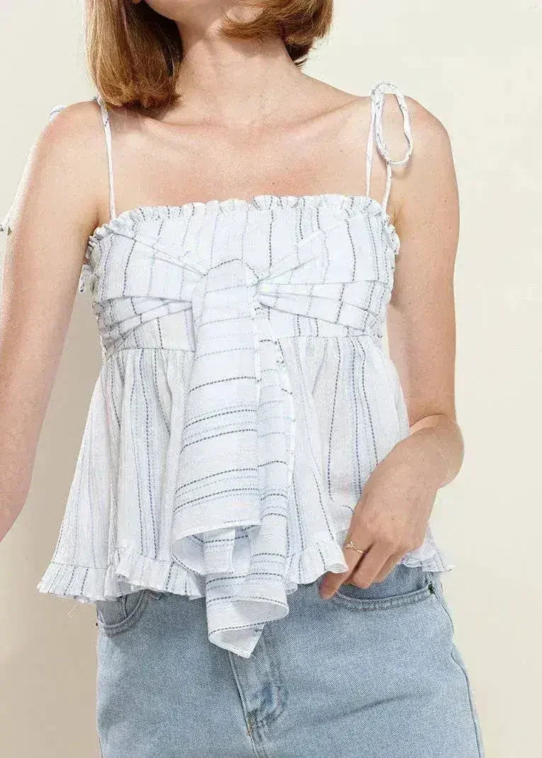 Women's Tie Front Flared Cami Blouse in Oceanstripe | Femstylo - Femstylo