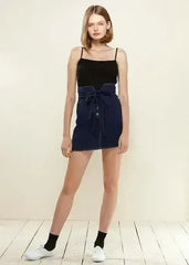 Women's Stitch Hem Double Strap High Waist Skirt in Navy - Femstylo