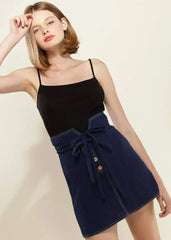 Women's Stitch Hem Double Strap High Waist Skirt in Navy - Femstylo