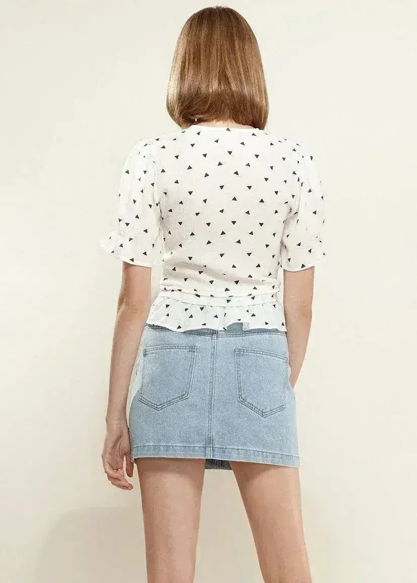 Women's Triangle Print Puff Sleeve Blouse in White triangle | Femstylo - Femstylo