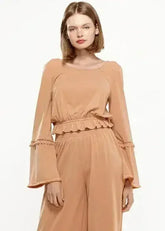 Women's Fringe Cuff Bell Sleeve Top in Apricot - Femstylo