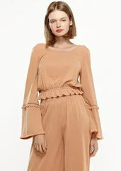 Women's Fringe Cuff Bell Sleeve Top in Apricot - Femstylo