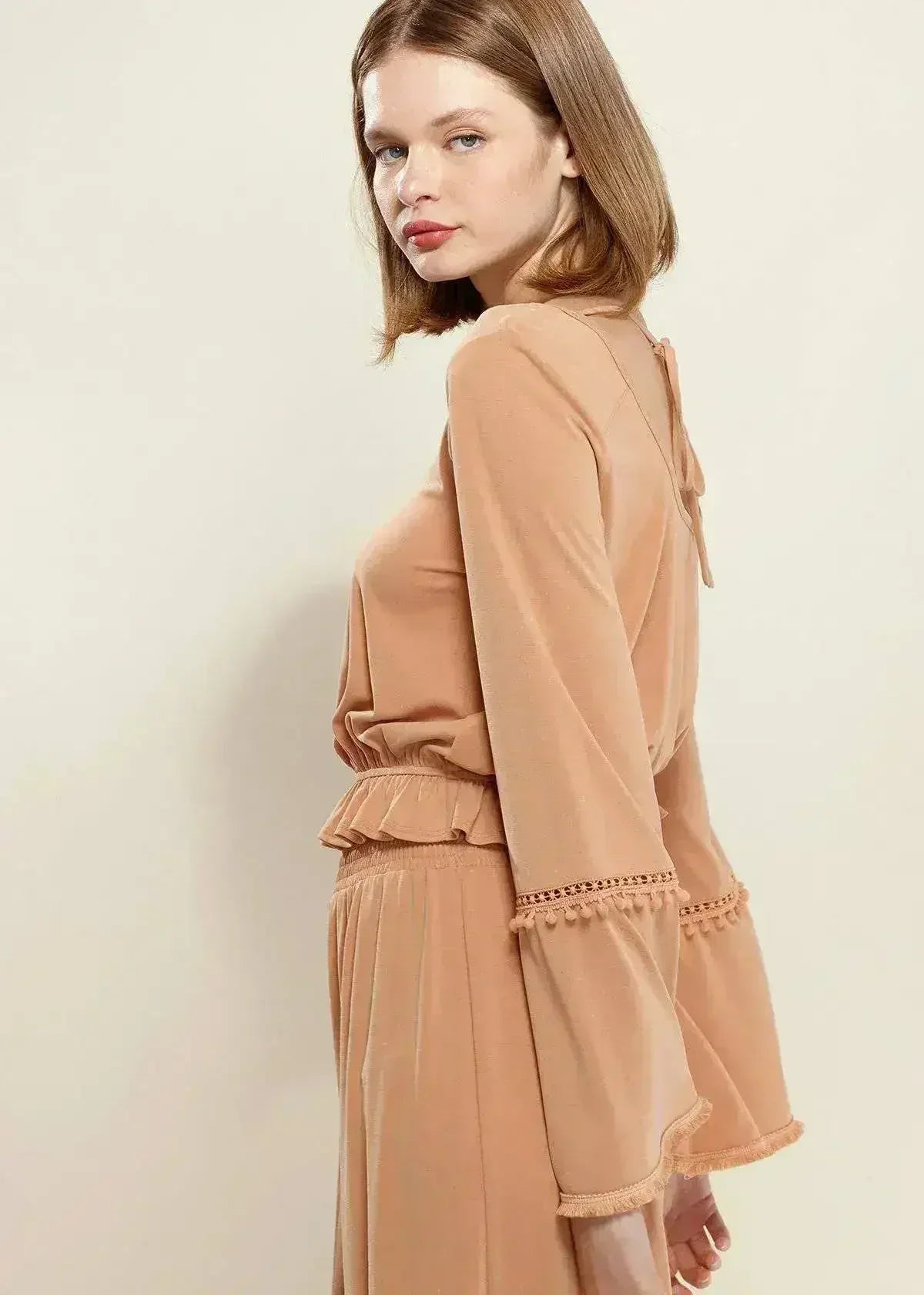 Women's Fringe Cuff Bell Sleeve Top in Apricot - Femstylo