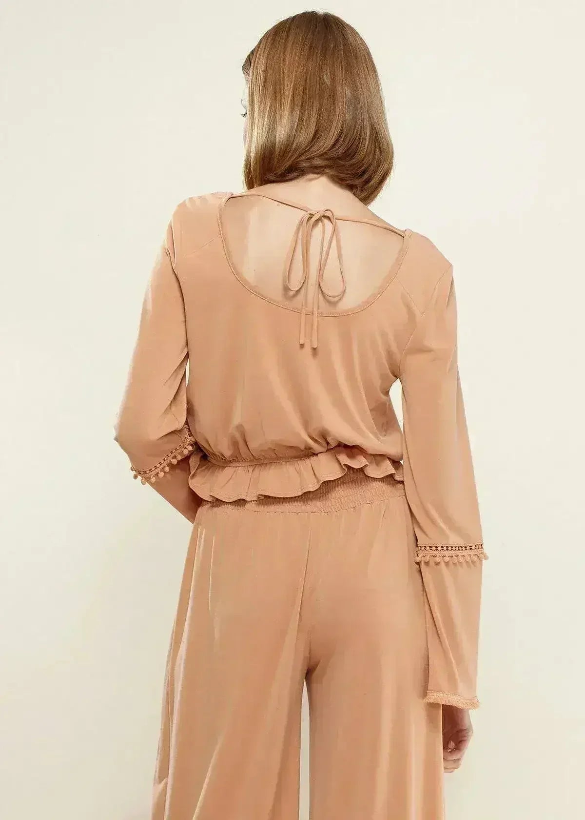 Women's Fringe Cuff Bell Sleeve Top in Apricot - Femstylo