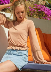 Women's Fringe Cuff Bell Sleeve Top in Apricot - Femstylo