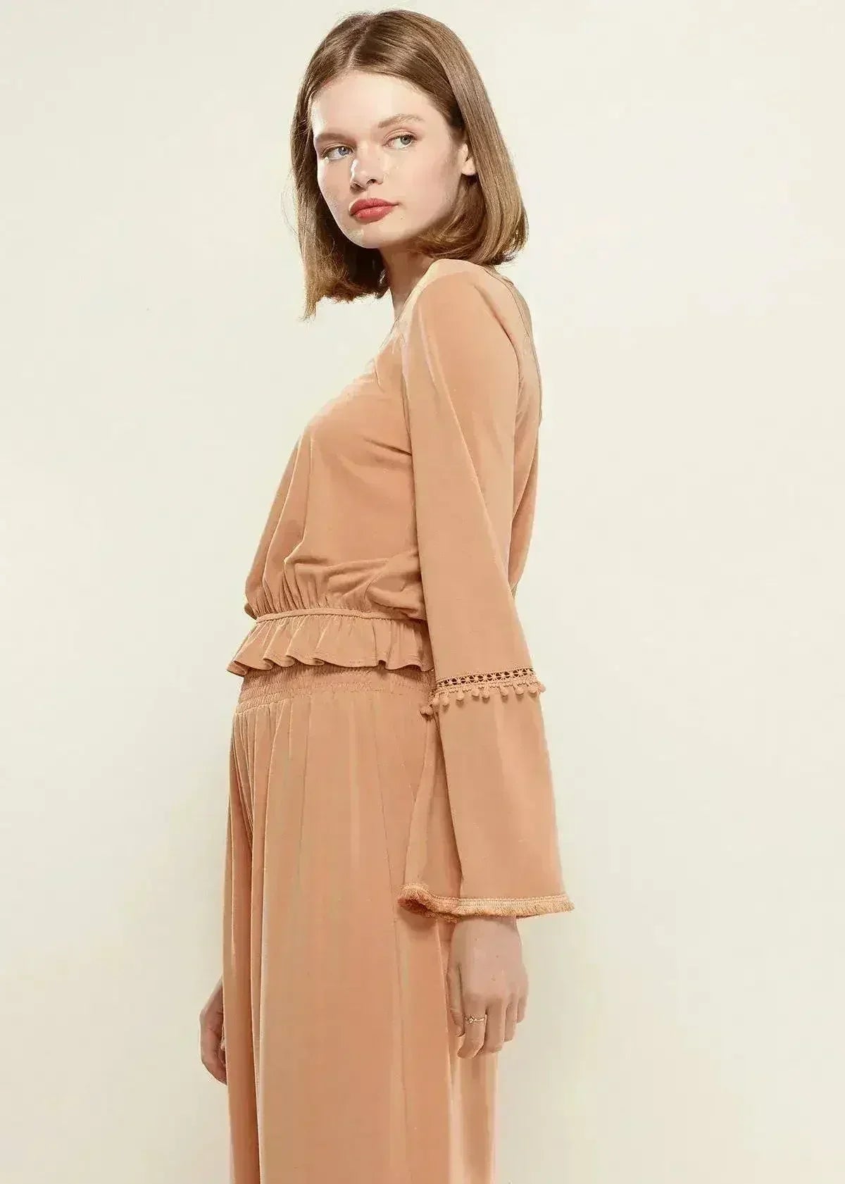 Women's Fringe Cuff Bell Sleeve Top in Apricot - Femstylo