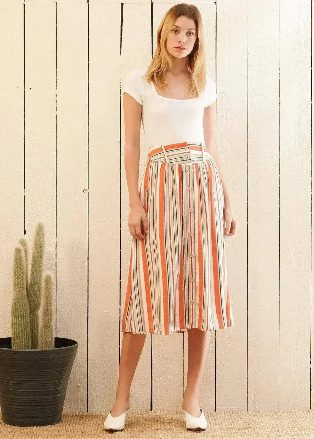 Women's Multi Stripe Button Front Midi Skirt in Rust Multi - Femstylo