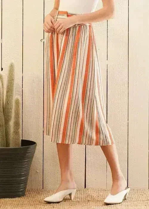 Women's Multi Stripe Button Front Midi Skirt in Rust Multi - Femstylo