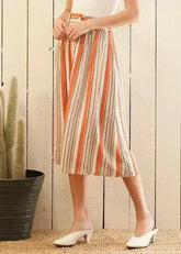 Women's Multi Stripe Button Front Midi Skirt in Rust Multi - Femstylo