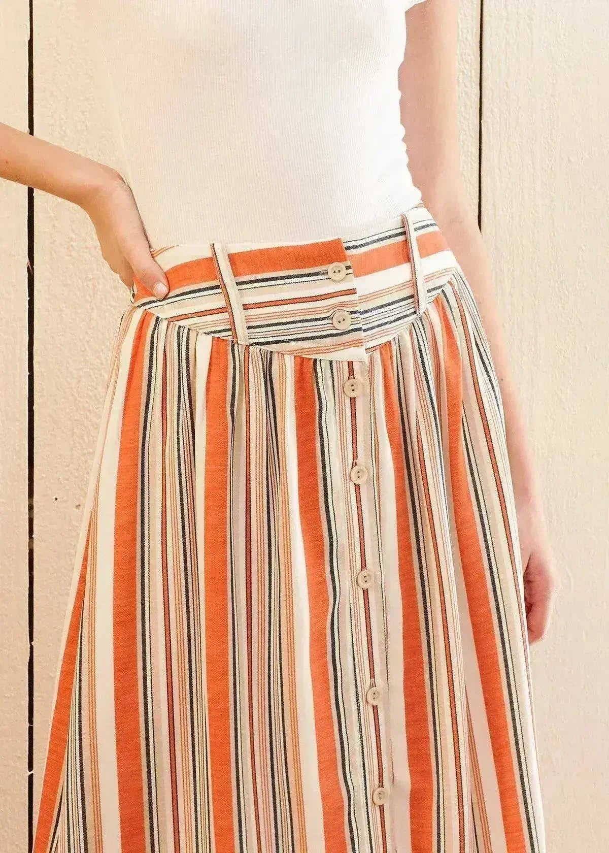 Women's Multi Stripe Button Front Midi Skirt in Rust Multi - Femstylo
