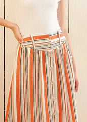Women's Multi Stripe Button Front Midi Skirt in Rust Multi - Femstylo