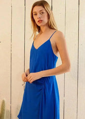 Solid Asymmetrical Hem V-neck Dress in Blue - Femstylo