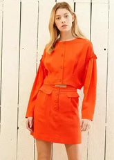 Women's Button Front Long Sleeve Crop Top in Poppy - Femstylo