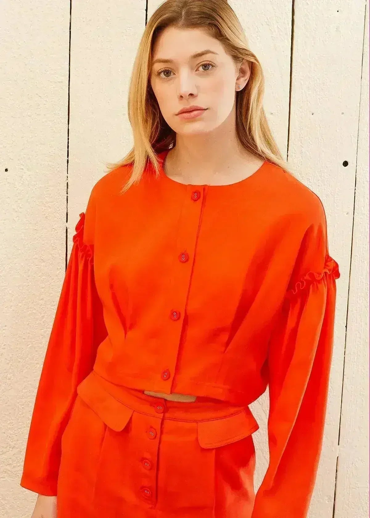 Women's Button Front Long Sleeve Crop Top in Poppy - Femstylo