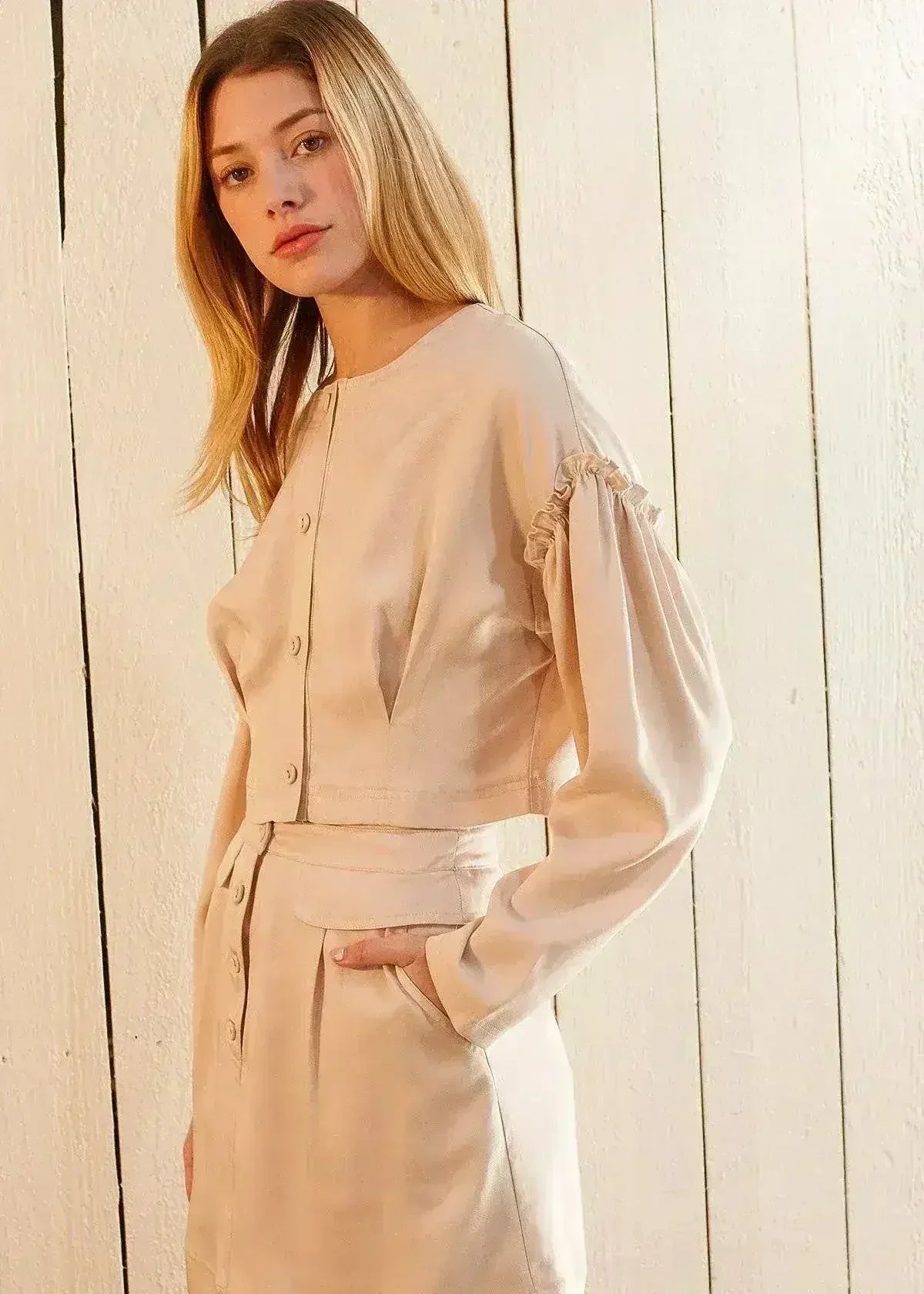 Women's Tencel Crop Top - Drop Shoulder & Ruffled Detail - Femstylo