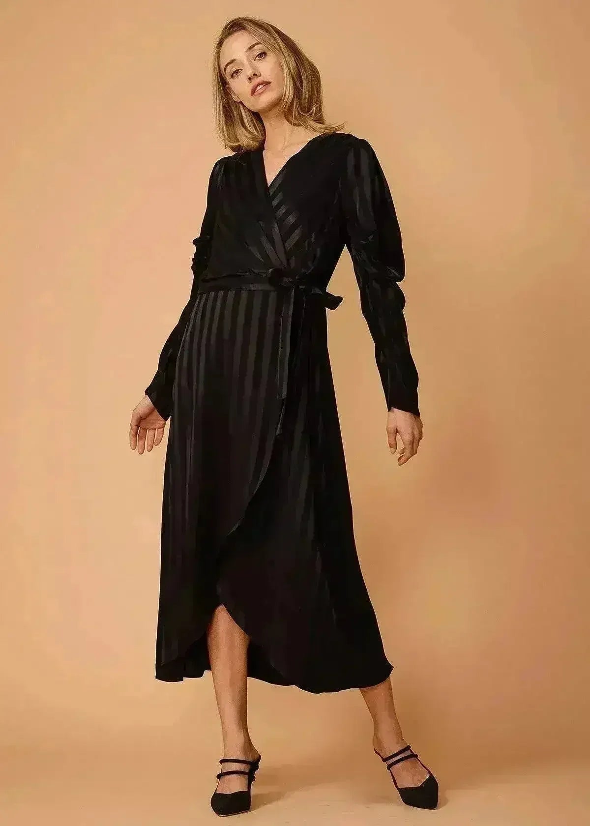 Women's Puffy Shoulder Dress in Black Stripe - Femstylo