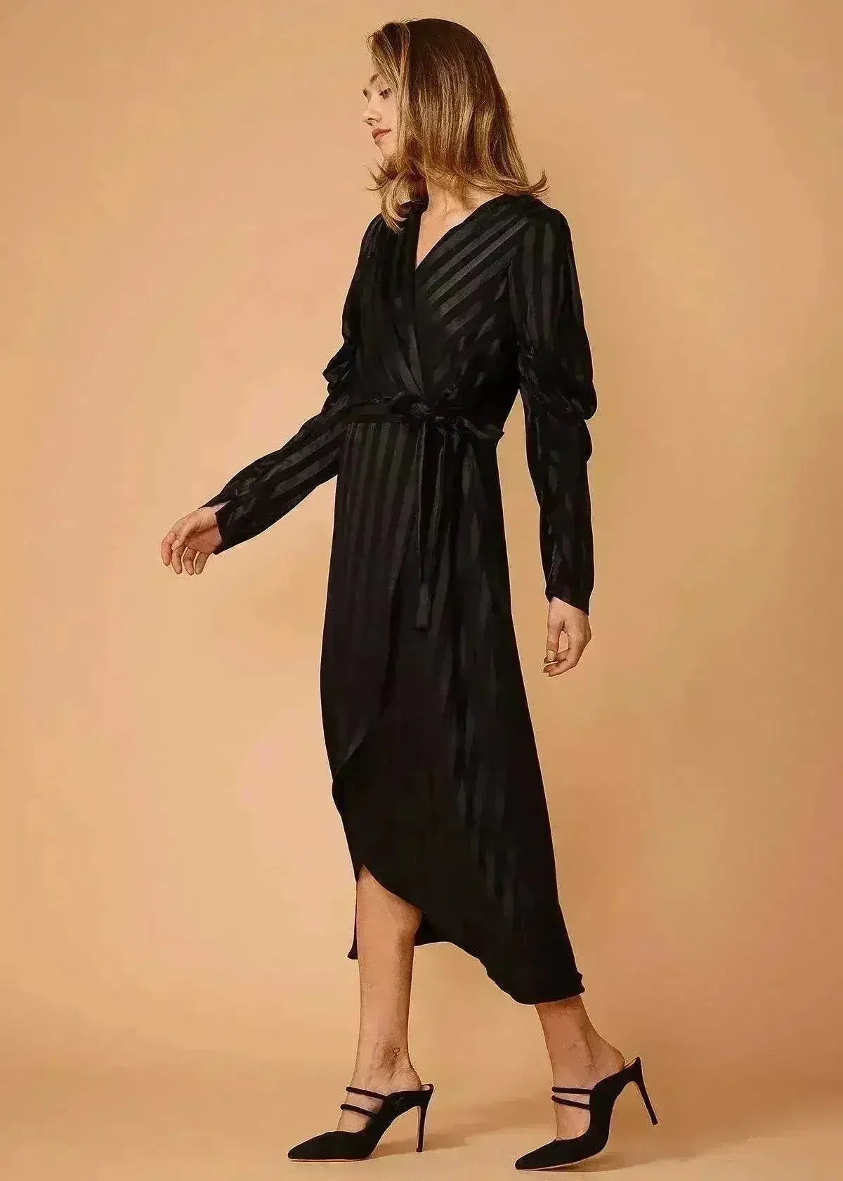 Women's Puffy Shoulder Dress in Black Stripe - Femstylo