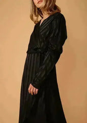 Women's Puffy Shoulder Dress in Black Stripe - Femstylo