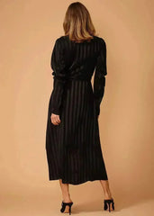 Women's Puffy Shoulder Dress in Black Stripe - Femstylo