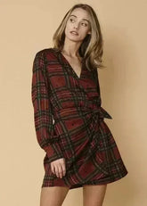 Plaid-polkadot Mini Wrap Dress in Brick - Femstylo