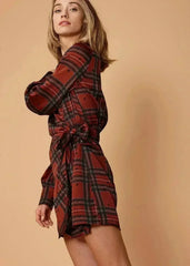 Plaid-polkadot Mini Wrap Dress in Brick - Femstylo