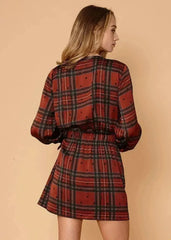 Plaid-polkadot Mini Wrap Dress in Brick - Femstylo