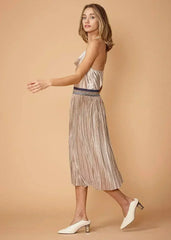 Women's Glitter Waistband Pleated Skirt in Champagne - Femstylo