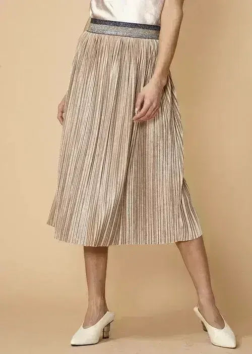 Women's Glitter Waistband Pleated Skirt in Champagne - Femstylo