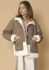 Women's Plaid Fur Jacket in Rust Houndstooth - Femstylo