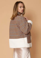 Women's Plaid Fur Jacket in Rust Houndstooth - Femstylo
