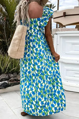 Pink Floral Print Square Neck Ruffled Strap Maxi Dress - Femstylo