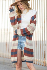 Dark Blue Color Block Striped Cut Out Knit Cardigan