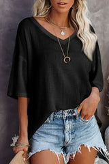 White Waffle Texture V Neck Drop Shoulder Loose Tee - Femstylo