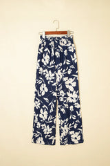 Blue Floral Smocked Frill Waist Wide Leg Pants